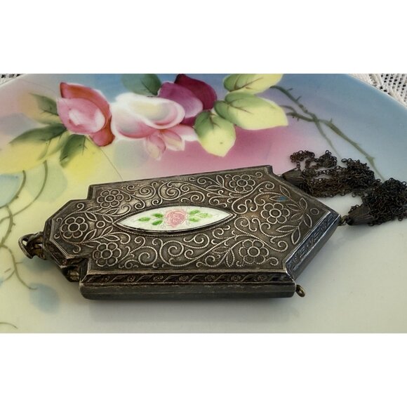 Antique 1910s Compact Coin Purse Silverplate Guilloche Enamel - Picture 12 of 16